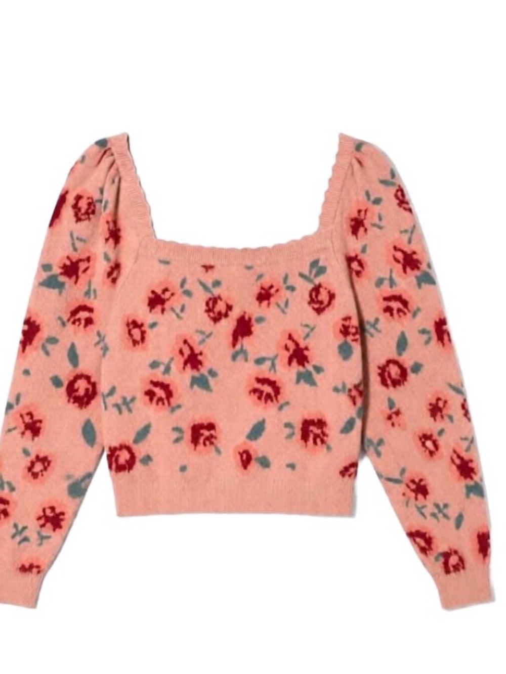 Floral Square-Neck Pink Knit Sweater - Women's Scoop